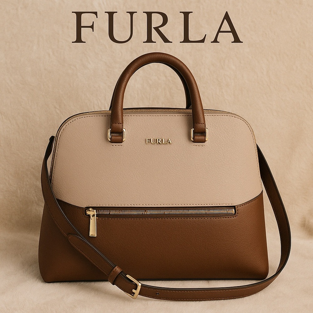 Furla Brown & Cream Pebbled Leather Satchel with Gold Hardware & Dust Bag EUC